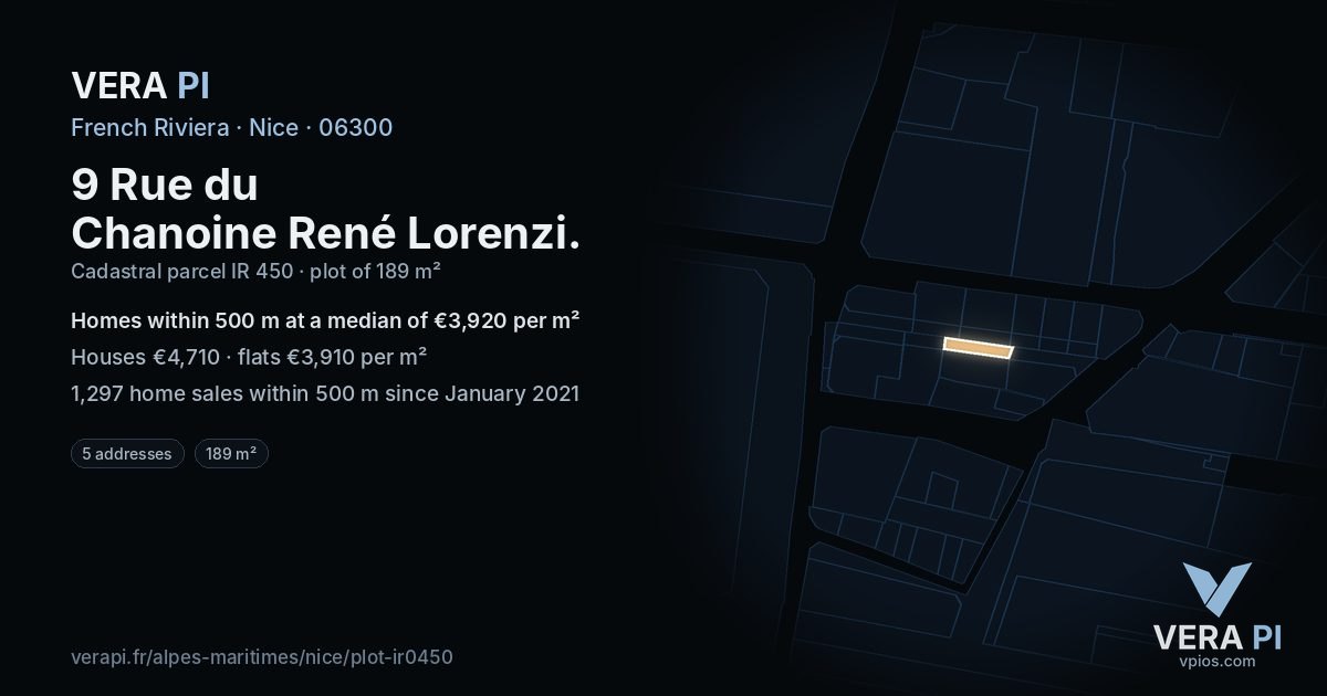 9 Rue du Chanoine René Lorenzi, Nice at night – the plot lit, the parcels around coloured by the prices near them