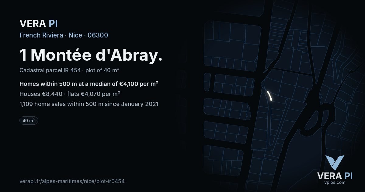 1 Montée d'Abray, Nice at night – the plot lit, the parcels around coloured by the prices near them