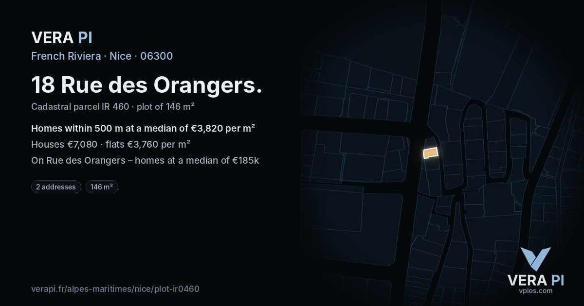 18 Rue des Orangers, Nice at night – the plot lit, the parcels around coloured by the prices near them