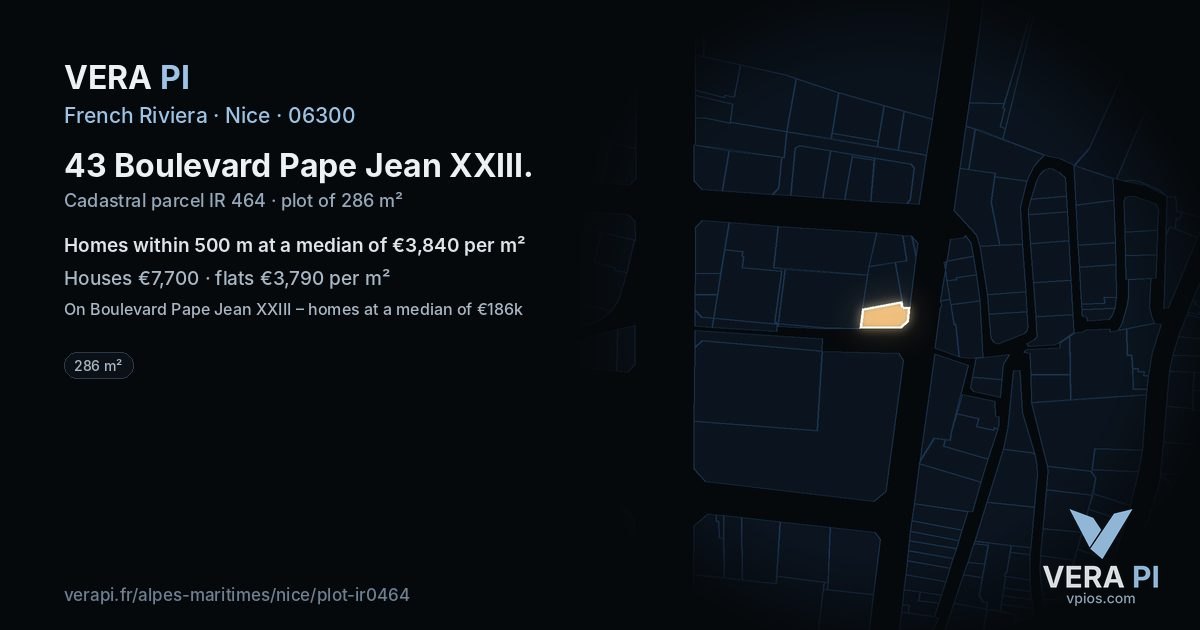 43 Boulevard Pape Jean XXIII, Nice at night – the plot lit, the parcels around coloured by the prices near them
