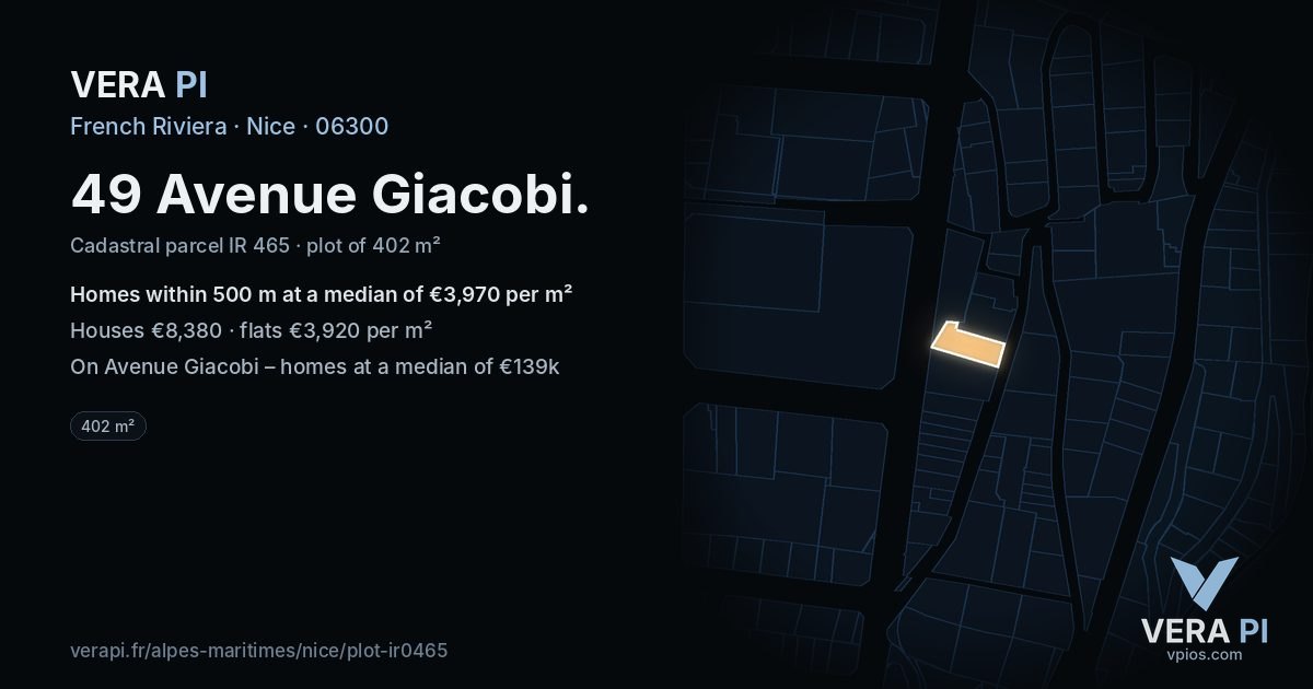 49 Avenue Giacobi, Nice at night – the plot lit, the parcels around coloured by the prices near them