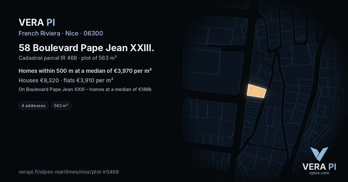 58 Boulevard Pape Jean XXIII, Nice at night – the plot lit, the parcels around coloured by the prices near them