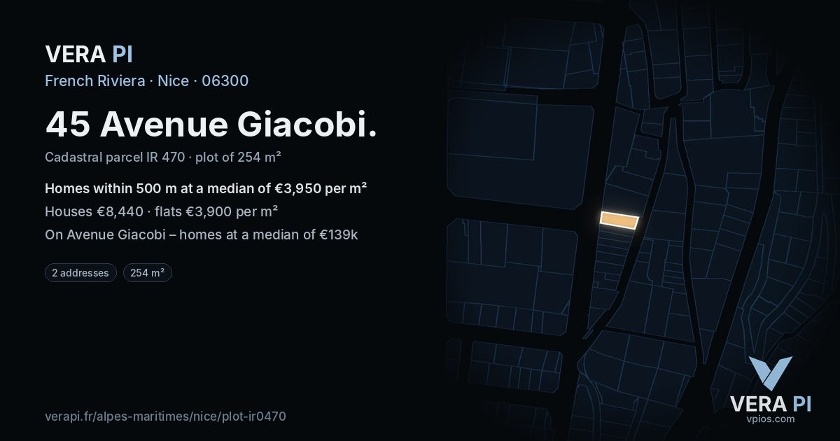45 Avenue Giacobi, Nice at night – the plot lit, the parcels around coloured by the prices near them