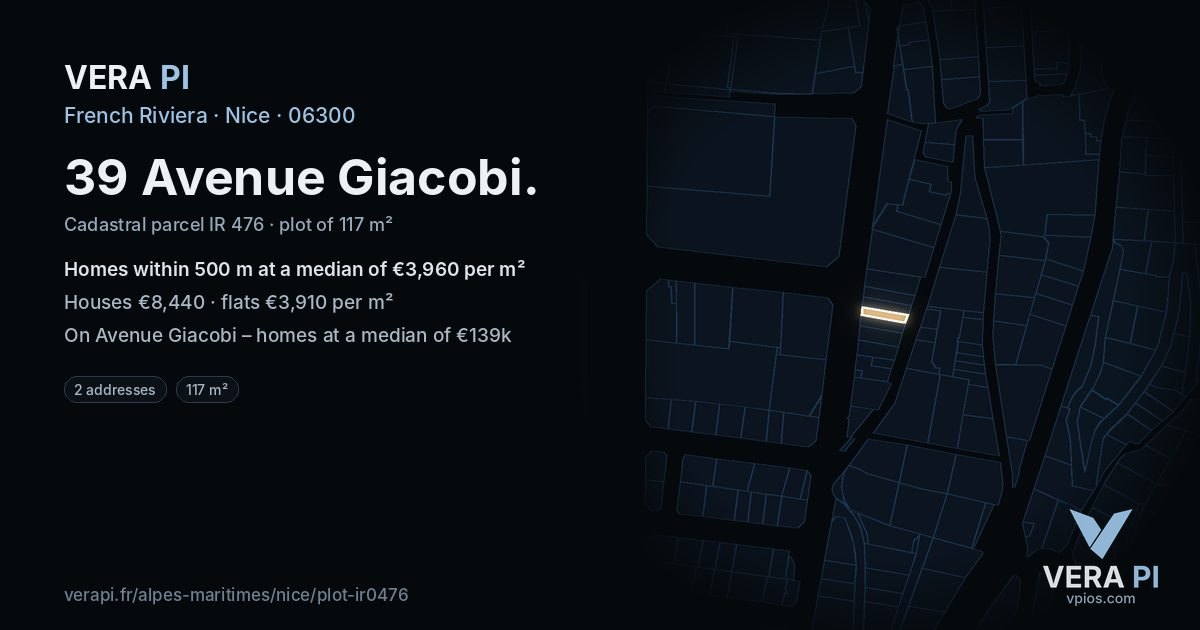 39 Avenue Giacobi, Nice at night – the plot lit, the parcels around coloured by the prices near them