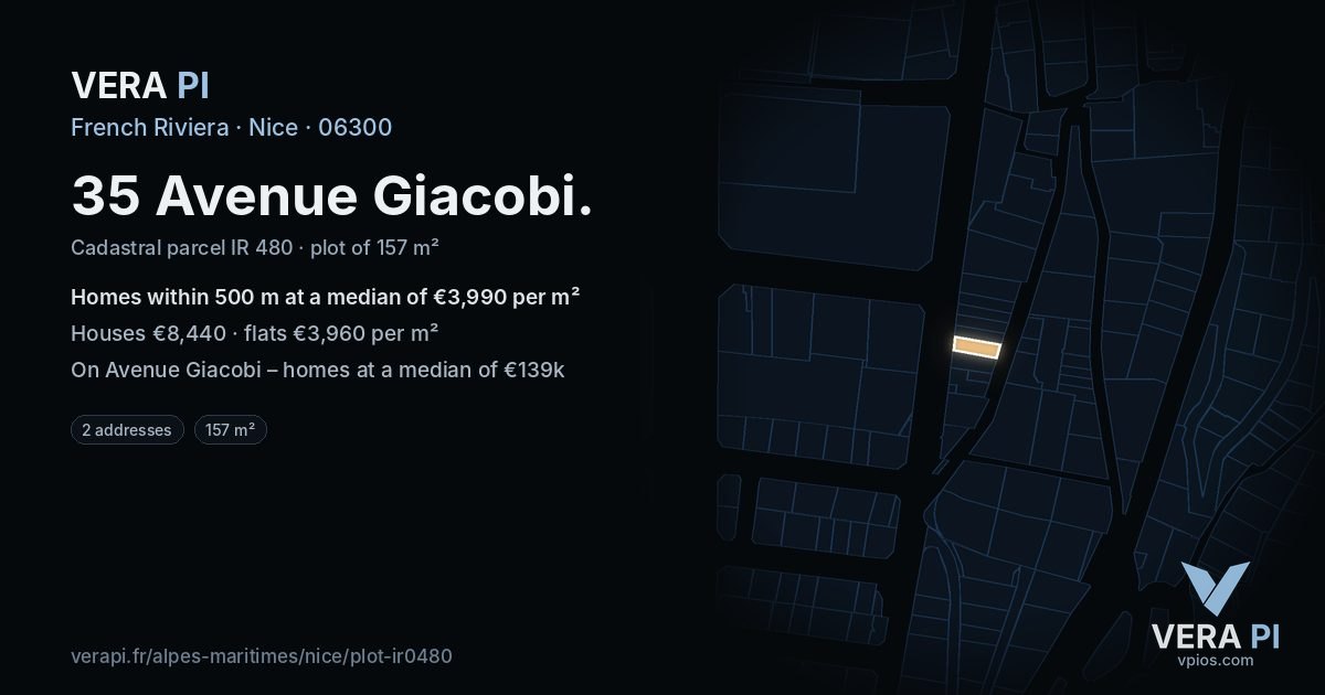 35 Avenue Giacobi, Nice at night – the plot lit, the parcels around coloured by the prices near them