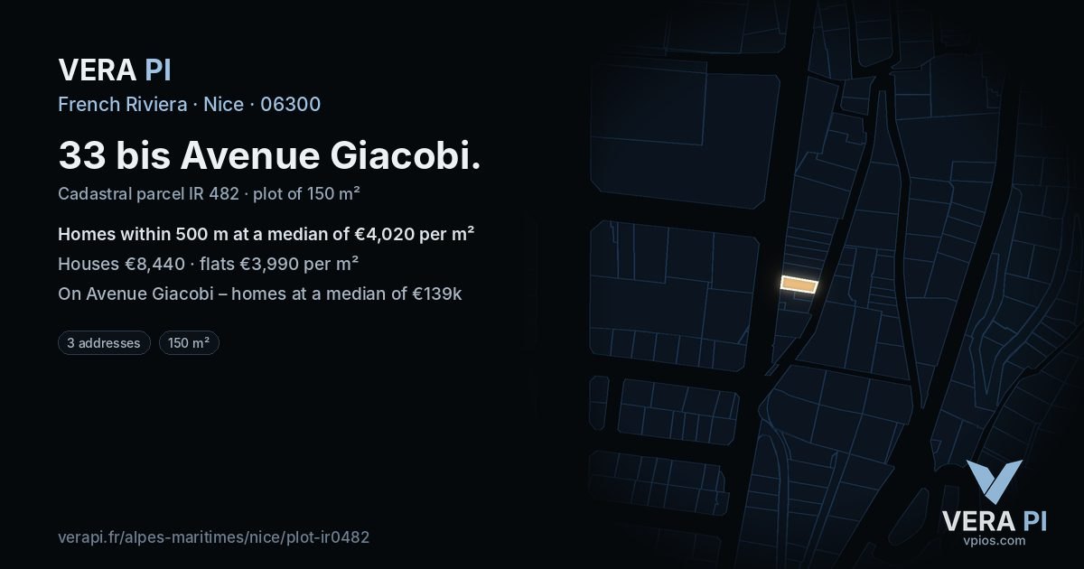 33 bis Avenue Giacobi, Nice at night – the plot lit, the parcels around coloured by the prices near them