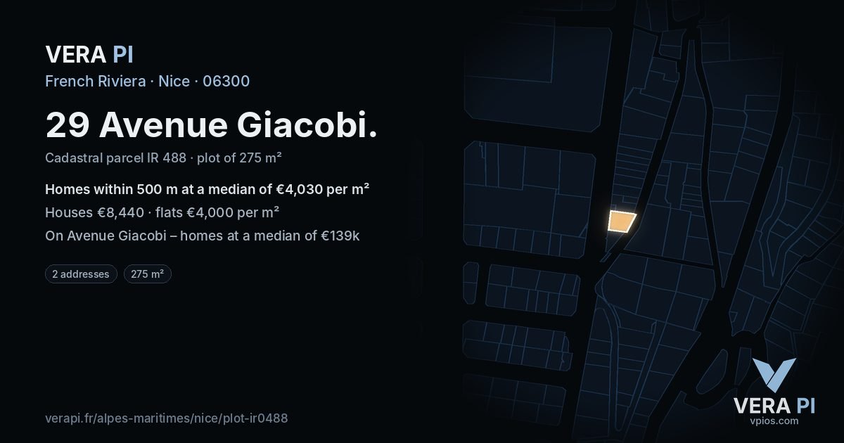 29 Avenue Giacobi, Nice at night – the plot lit, the parcels around coloured by the prices near them
