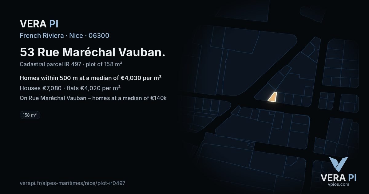 53 Rue Maréchal Vauban, Nice at night – the plot lit, the parcels around coloured by the prices near them