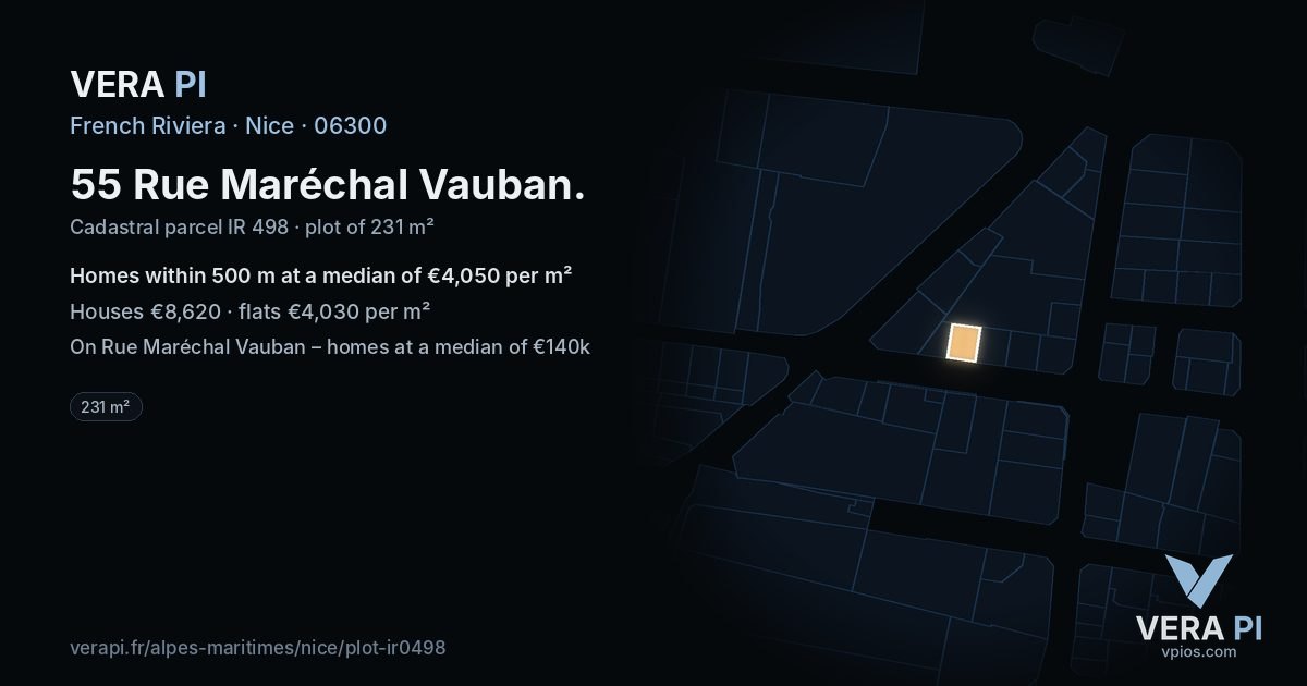 55 Rue Maréchal Vauban, Nice at night – the plot lit, the parcels around coloured by the prices near them
