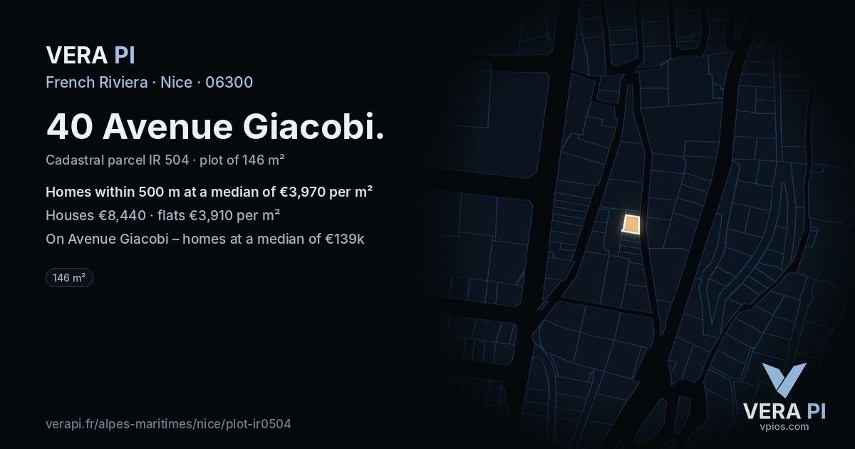 40 Avenue Giacobi, Nice at night – the plot lit, the parcels around coloured by the prices near them