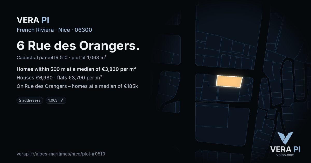 6 Rue des Orangers, Nice at night – the plot lit, the parcels around coloured by the prices near them