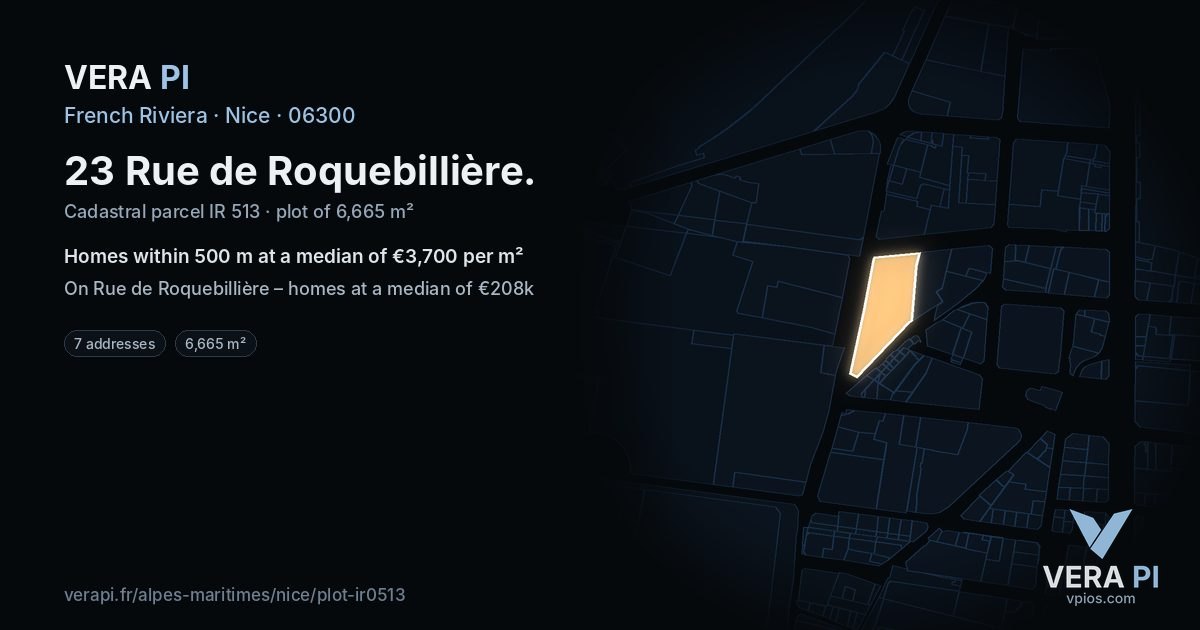 23 Rue de Roquebillière, Nice at night – the plot lit, the parcels around coloured by the prices near them