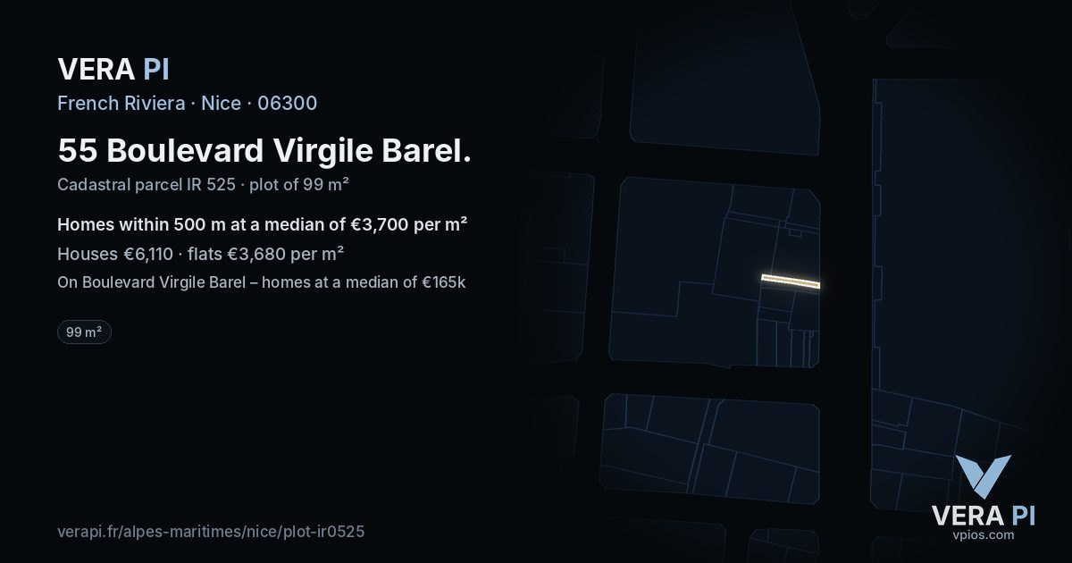 55 Boulevard Virgile Barel, Nice at night – the plot lit, the parcels around coloured by the prices near them