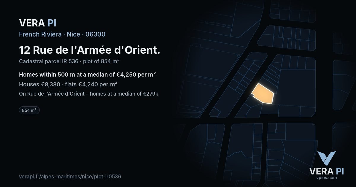 12 Rue de l'Armée d'Orient, Nice at night – the plot lit, the parcels around coloured by the prices near them