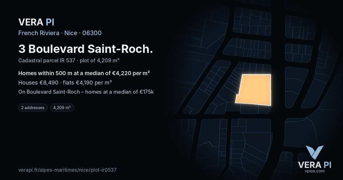 3 Boulevard Saint-Roch, Nice at night – the plot lit, the parcels around coloured by the prices near them