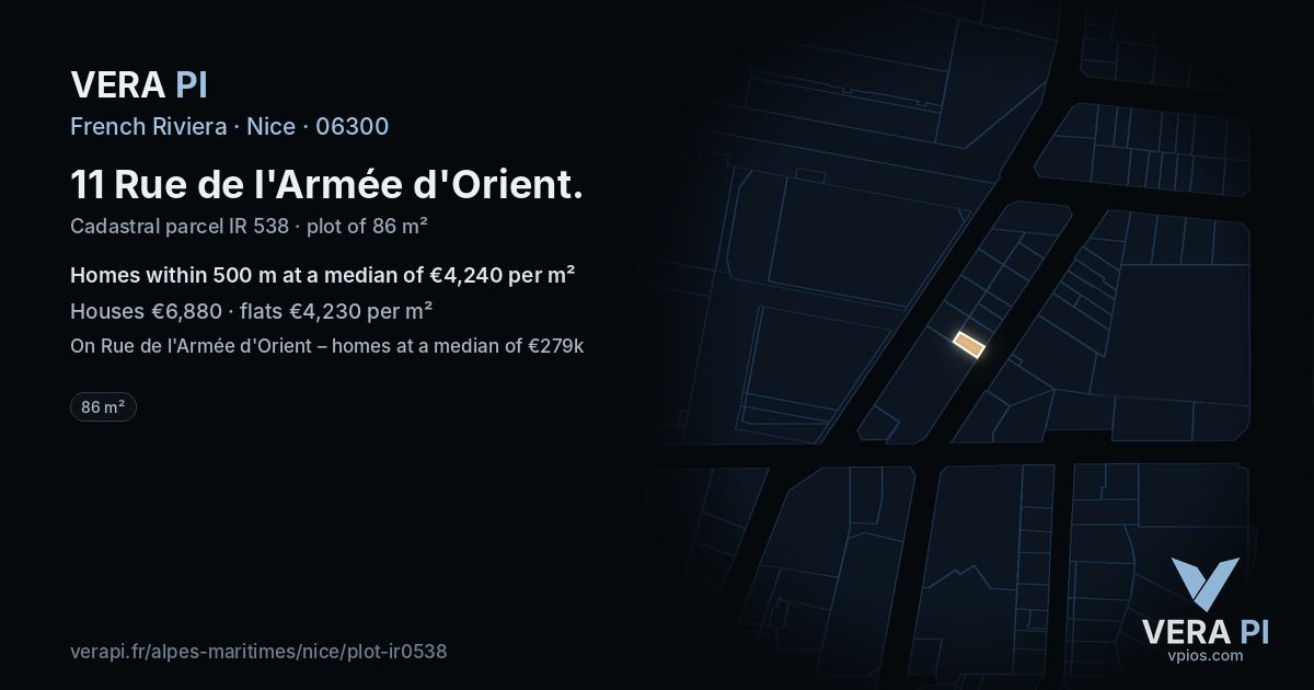 11 Rue de l'Armée d'Orient, Nice at night – the plot lit, the parcels around coloured by the prices near them