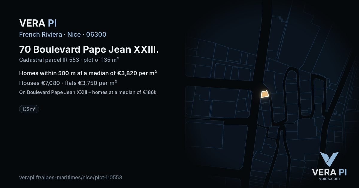 70 Boulevard Pape Jean XXIII, Nice at night – the plot lit, the parcels around coloured by the prices near them