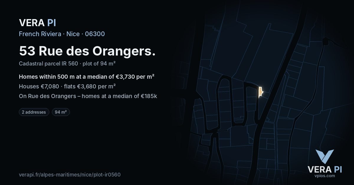 53 Rue des Orangers, Nice at night – the plot lit, the parcels around coloured by the prices near them