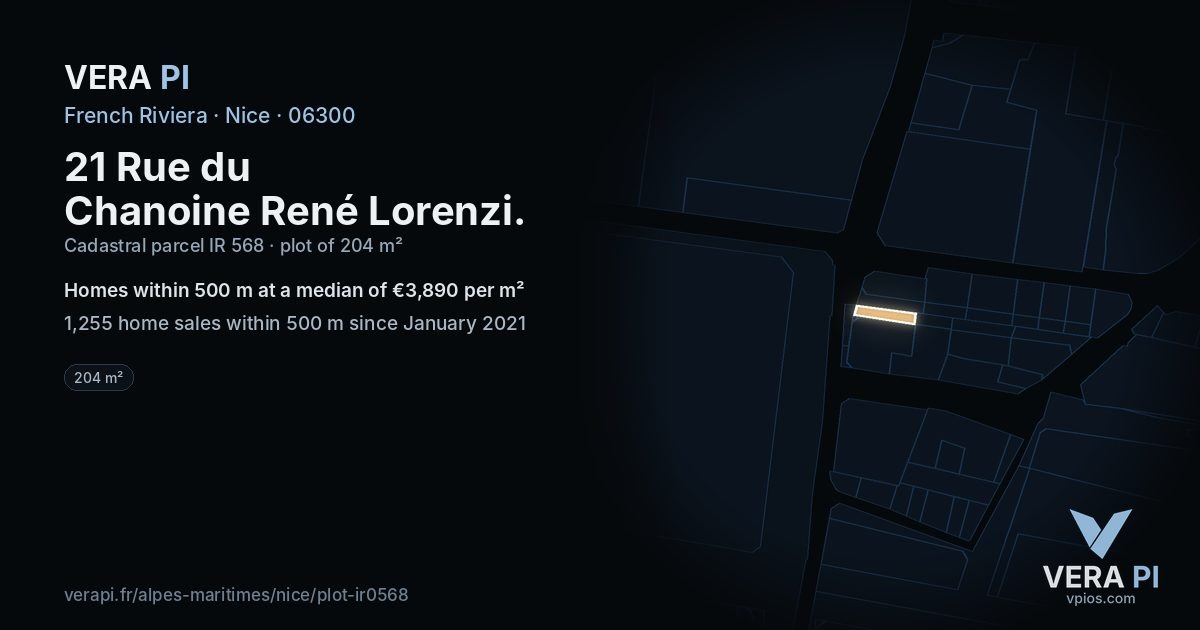 21 Rue du Chanoine René Lorenzi, Nice at night – the plot lit, the parcels around coloured by the prices near them