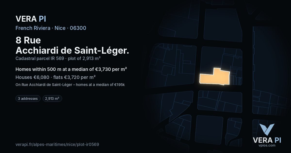 8 Rue Acchiardi de Saint-Léger, Nice at night – the plot lit, the parcels around coloured by the prices near them