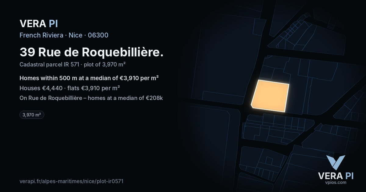 39 Rue de Roquebillière, Nice at night – the plot lit, the parcels around coloured by the prices near them
