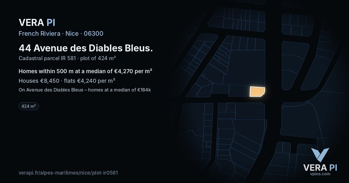 44 Avenue des Diables Bleus, Nice at night – the plot lit, the parcels around coloured by the prices near them