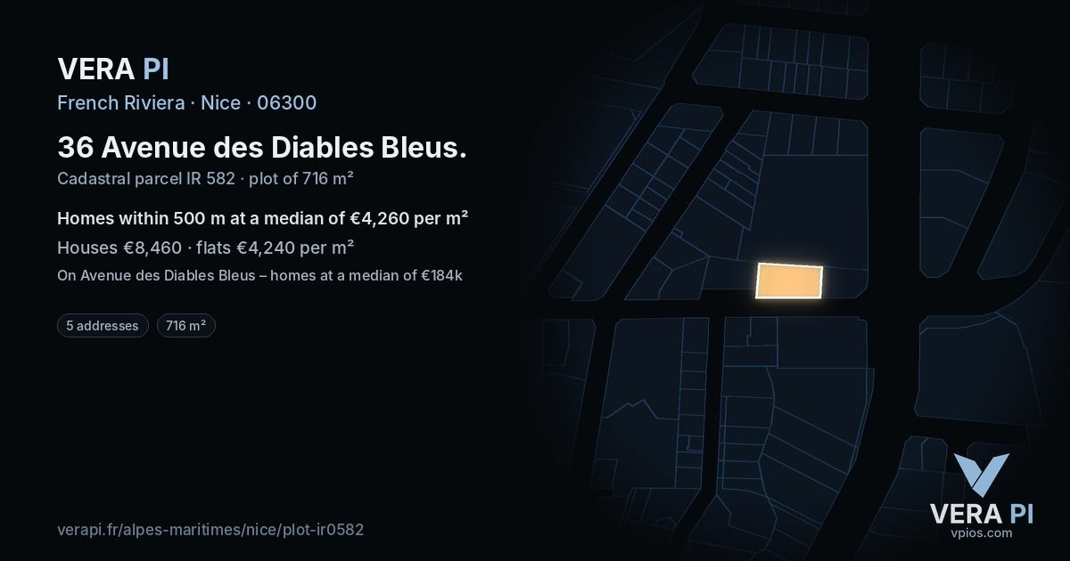 36 Avenue des Diables Bleus, Nice at night – the plot lit, the parcels around coloured by the prices near them