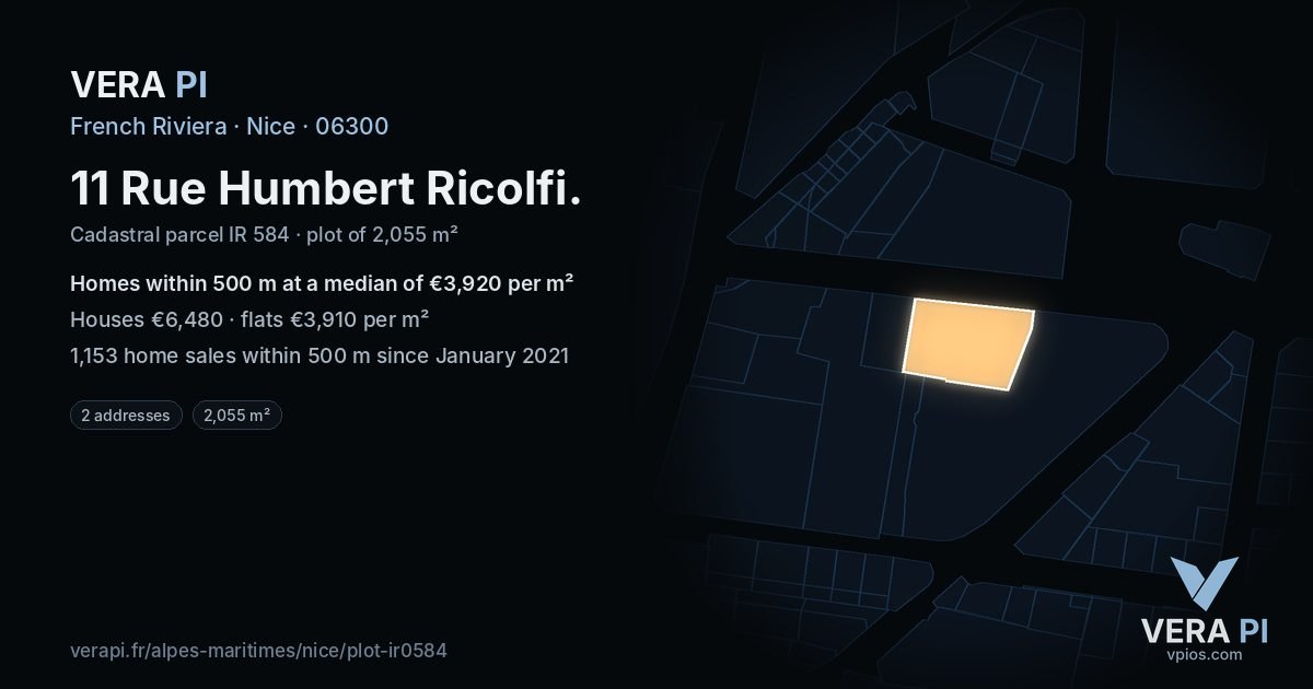 11 Rue Humbert Ricolfi, Nice at night – the plot lit, the parcels around coloured by the prices near them