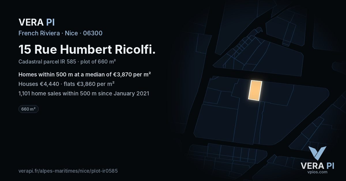 15 Rue Humbert Ricolfi, Nice at night – the plot lit, the parcels around coloured by the prices near them