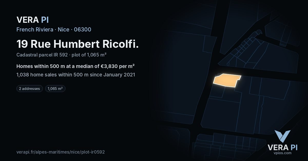 19 Rue Humbert Ricolfi, Nice at night – the plot lit, the parcels around coloured by the prices near them