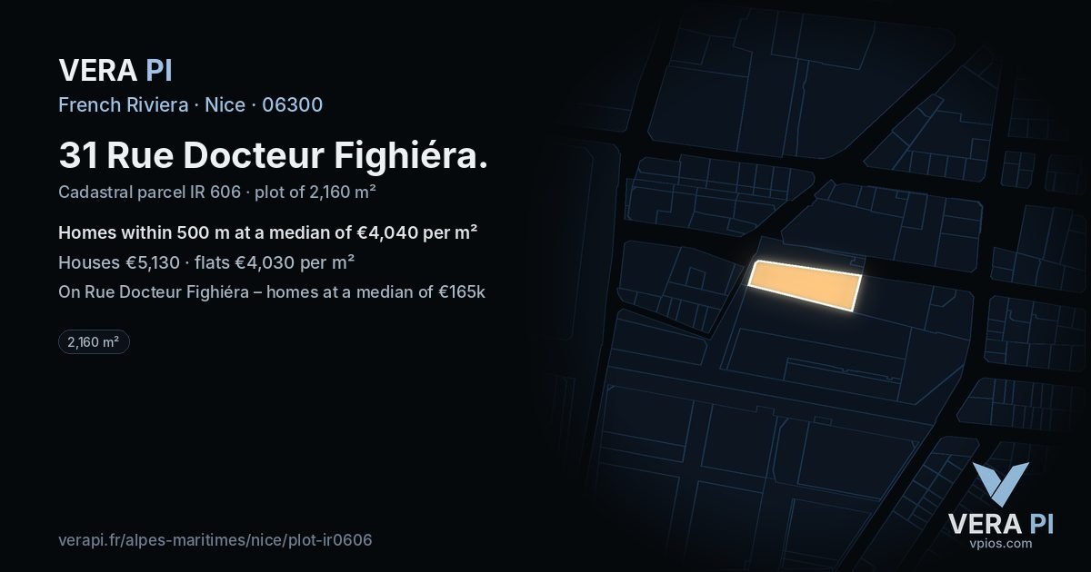 31 Rue Docteur Fighiéra, Nice at night – the plot lit, the parcels around coloured by the prices near them