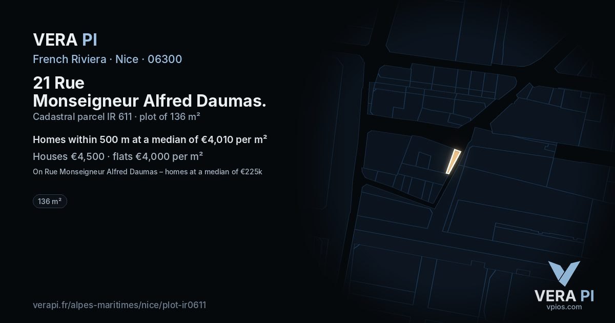 21 Rue Monseigneur Alfred Daumas, Nice at night – the plot lit, the parcels around coloured by the prices near them