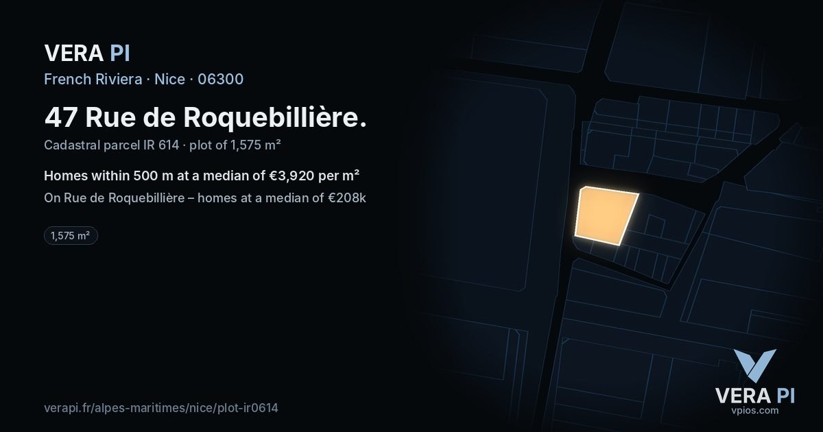 47 Rue de Roquebillière, Nice at night – the plot lit, the parcels around coloured by the prices near them