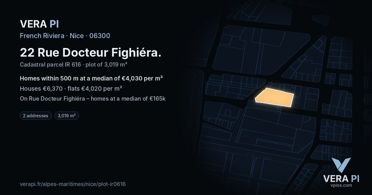 22 Rue Docteur Fighiéra, Nice at night – the plot lit, the parcels around coloured by the prices near them