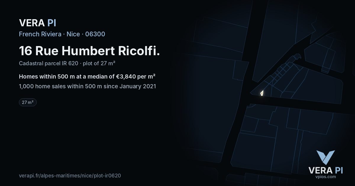 16 Rue Humbert Ricolfi, Nice at night – the plot lit, the parcels around coloured by the prices near them