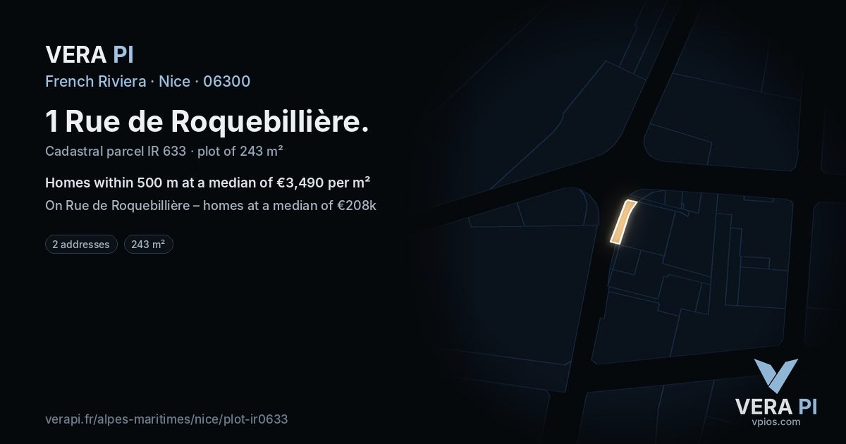 1 Rue de Roquebillière, Nice at night – the plot lit, the parcels around coloured by the prices near them