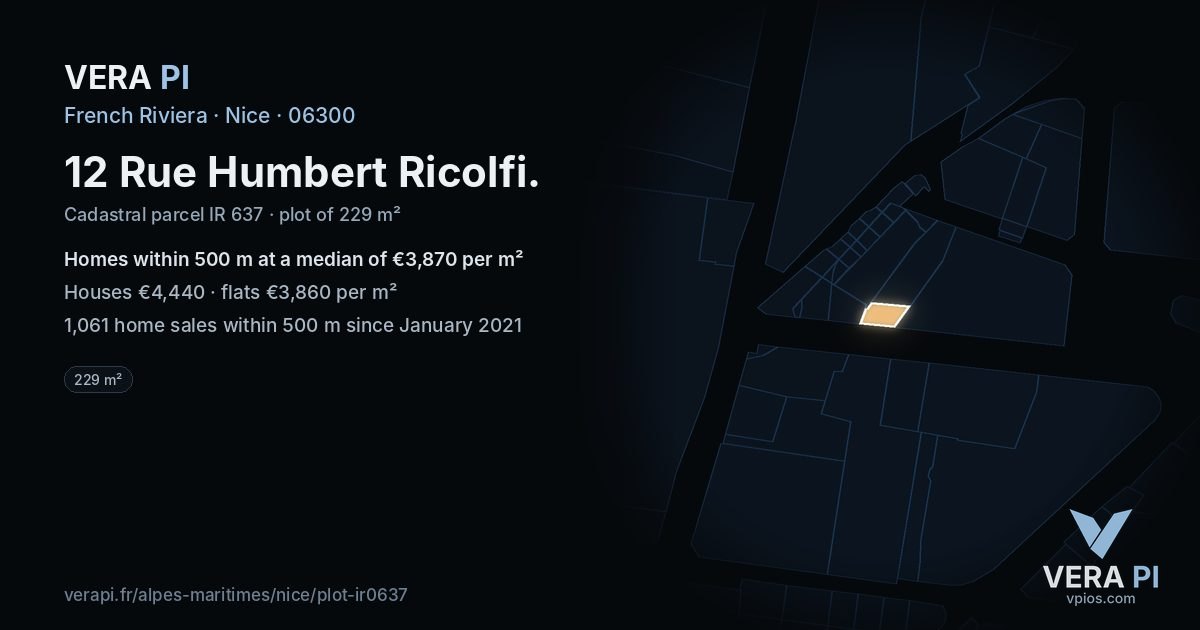 12 Rue Humbert Ricolfi, Nice at night – the plot lit, the parcels around coloured by the prices near them
