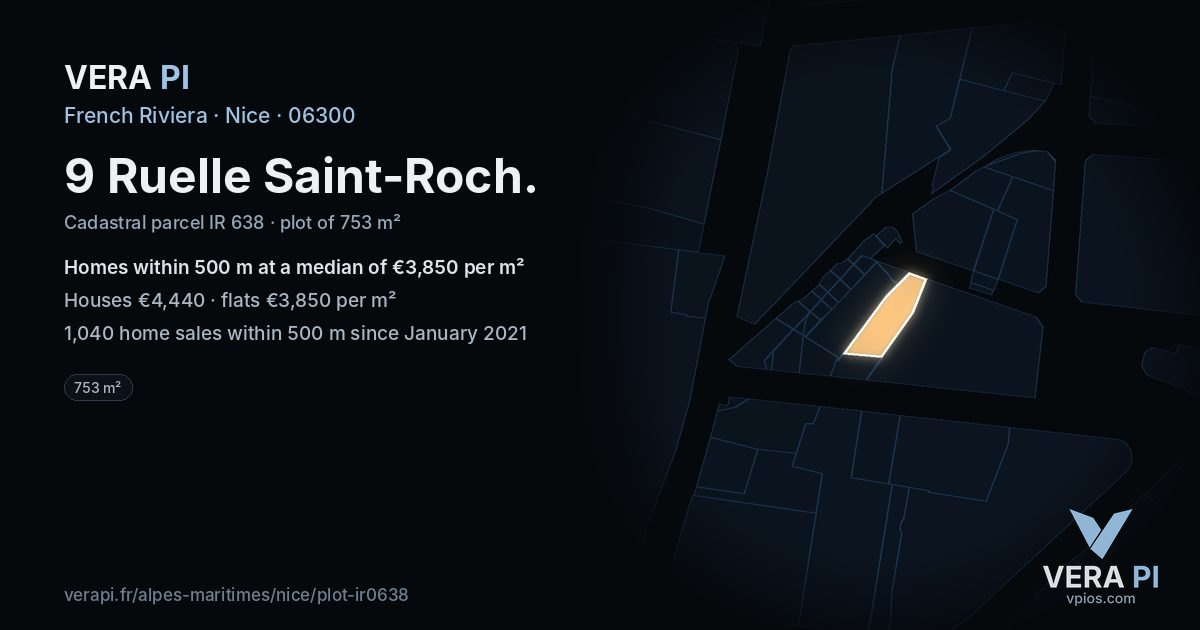 9 Ruelle Saint-Roch, Nice at night – the plot lit, the parcels around coloured by the prices near them