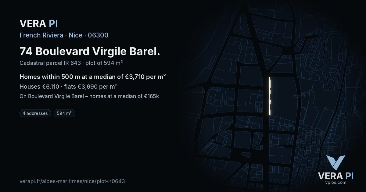 74 Boulevard Virgile Barel, Nice at night – the plot lit, the parcels around coloured by the prices near them