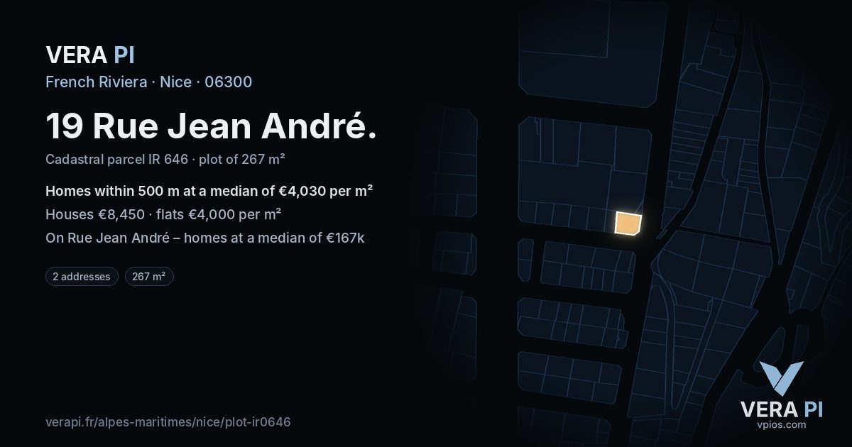 19 Rue Jean André, Nice at night – the plot lit, the parcels around coloured by the prices near them