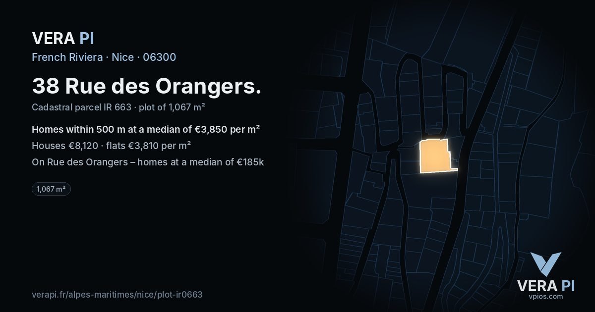 38 Rue des Orangers, Nice at night – the plot lit, the parcels around coloured by the prices near them