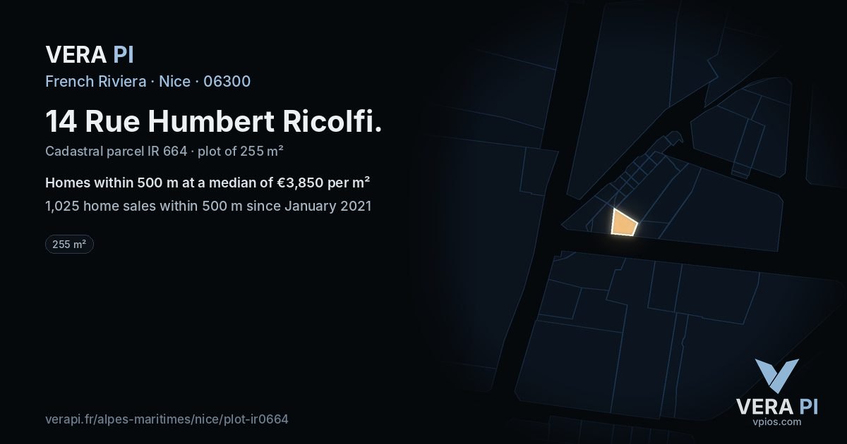 14 Rue Humbert Ricolfi, Nice at night – the plot lit, the parcels around coloured by the prices near them