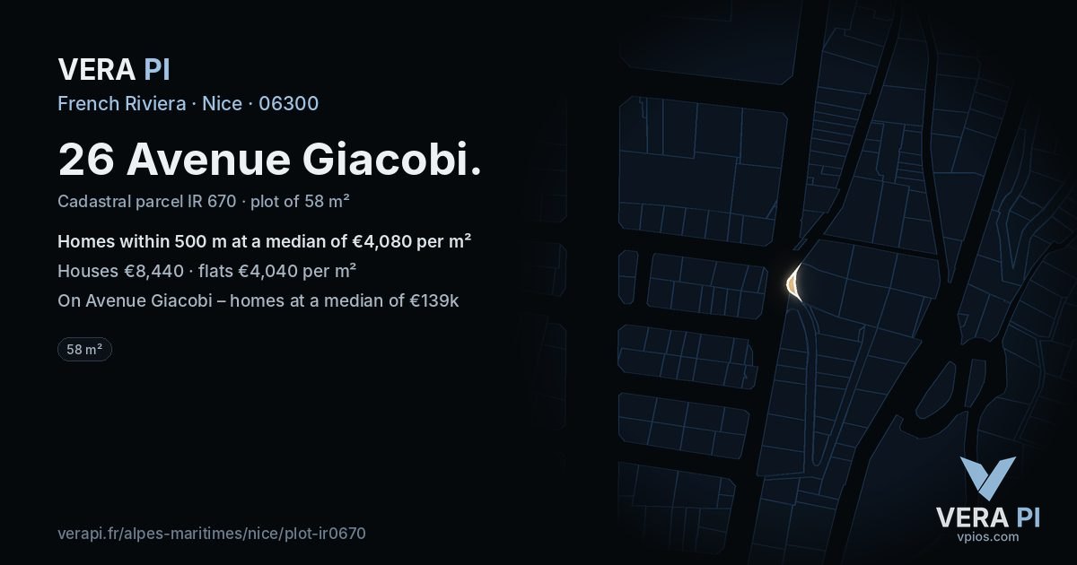 26 Avenue Giacobi, Nice at night – the plot lit, the parcels around coloured by the prices near them