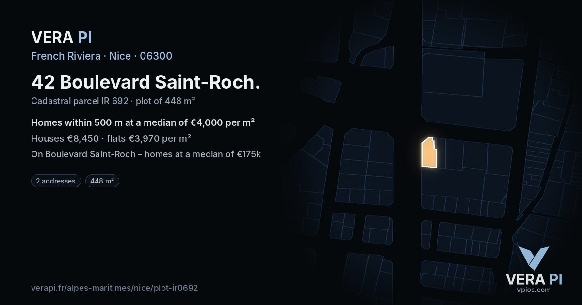 42 Boulevard Saint-Roch, Nice at night – the plot lit, the parcels around coloured by the prices near them