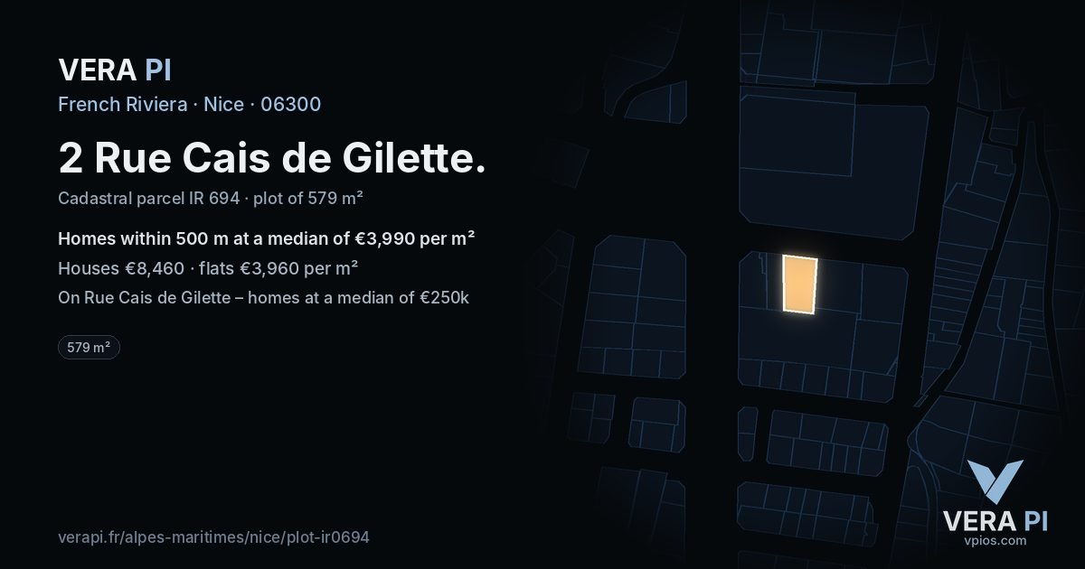 2 Rue Cais de Gilette, Nice at night – the plot lit, the parcels around coloured by the prices near them