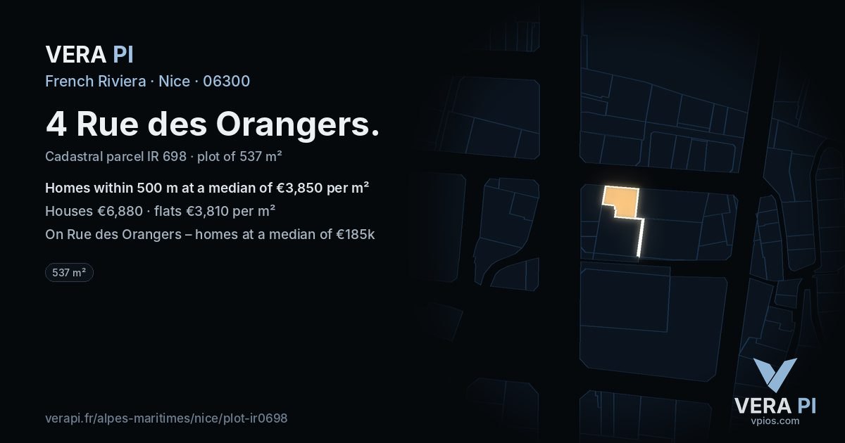 4 Rue des Orangers, Nice at night – the plot lit, the parcels around coloured by the prices near them