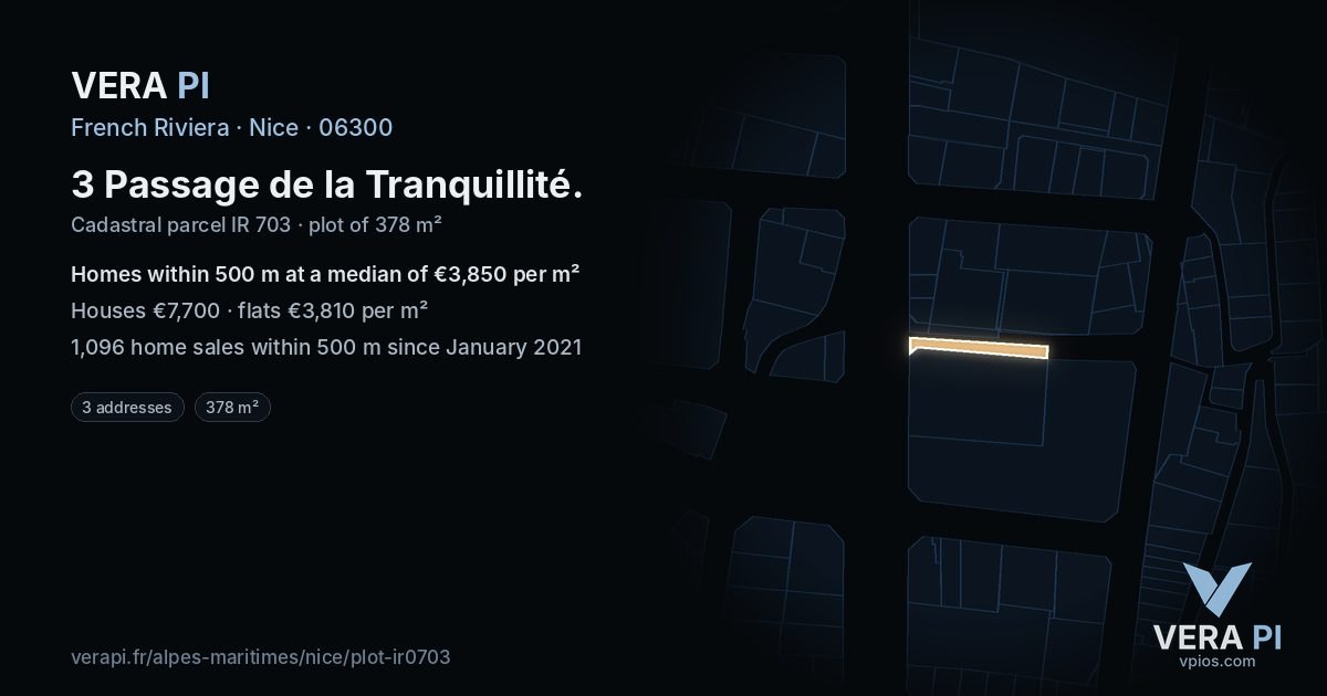 3 Passage de la Tranquillité, Nice at night – the plot lit, the parcels around coloured by the prices near them