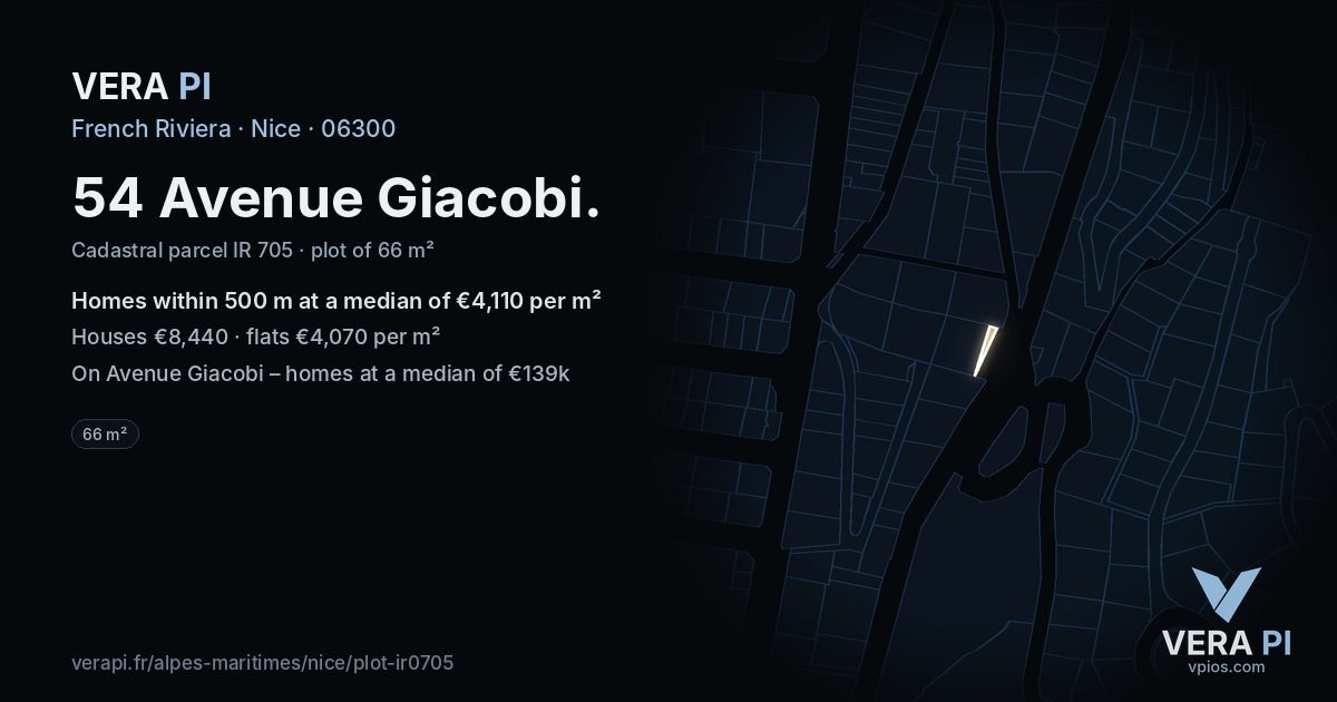 54 Avenue Giacobi, Nice at night – the plot lit, the parcels around coloured by the prices near them