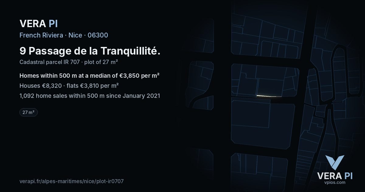 9 Passage de la Tranquillité, Nice at night – the plot lit, the parcels around coloured by the prices near them