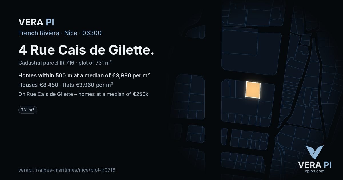 4 Rue Cais de Gilette, Nice at night – the plot lit, the parcels around coloured by the prices near them
